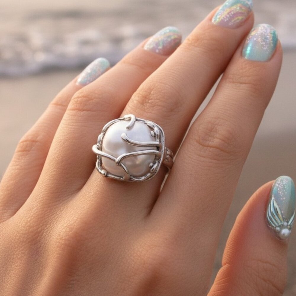 925 Sterling Silver Sculptural Faux Baroque Pearl Statement Ring Adjustable 6-9 - Picture 7 of 16